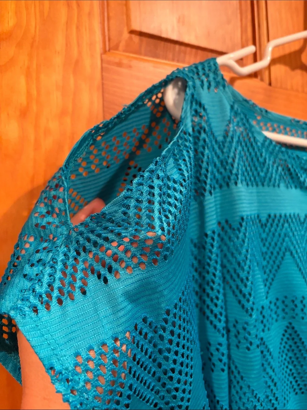 Women’s Teal Crochet Beach Cover-Up with Neon Tassel Drawstring - Picture 5 of 10